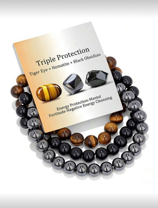 Armband “Triple Protection” – Tijgeroog, Hematiet & Obsidiaan set.